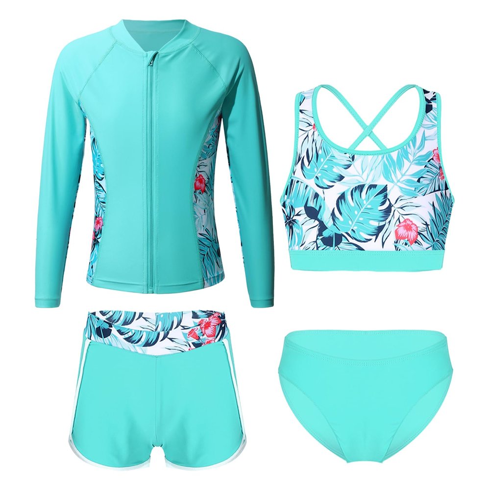CHICTRY Kids Girls Tropical 3 Pcs Swim Cover Up Sets Zip Up Rashguard Shirts with Bikini Swimsuit 4 Pcs Light Green A 8 Years