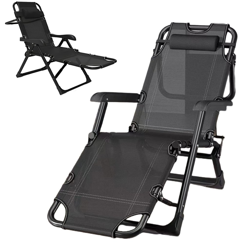 5-Position Folding Lounge Chair, Portable Camping Cot Bed With Adjustable Armlehnen And With Removable Rattan Mattress, Sleeping Cot Chair For Sun Tanning Poolside Beach And Patio ( Color : Black )