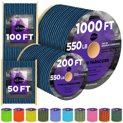 TECEUM Paracord Type III 550 Blue Snake 50 ft 4mm Tactical Rope MIL-SPEC Outdoor para Cord Camping Hiking Fishing Gear and Equipment EDC Parachute Cord Strong Survival Rope 0111b