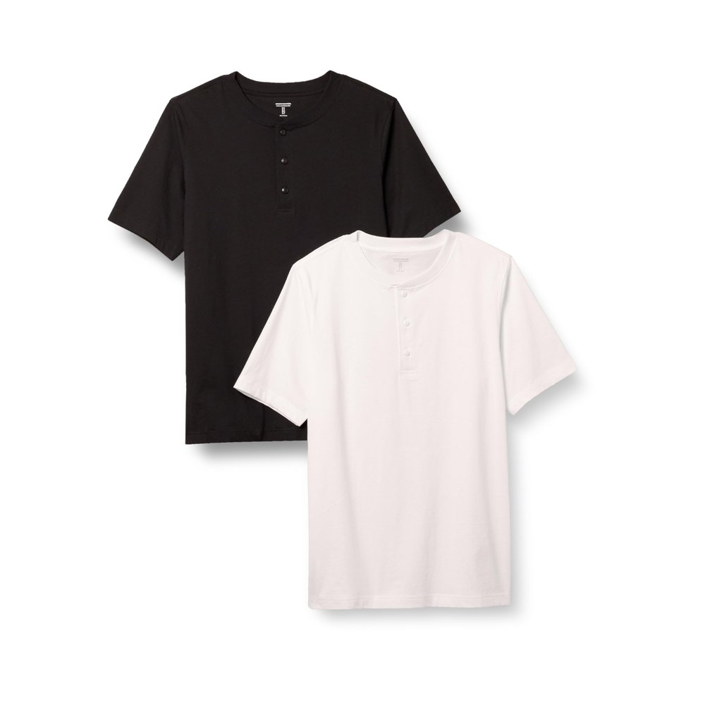 Amazon Essentials Men's Regular-Fit Short-Sleeve Cotton Henley T-Shirt, Pack of 2, Black/White, Small