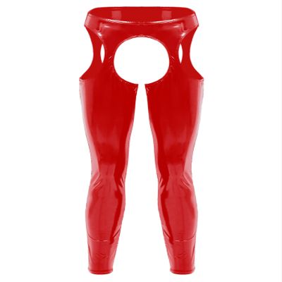 YONGHS Mens Wet Look PVC Leather Open Pouch Back Muscle Tights Pants Leggings Long Trousers Clubwear Red 3X-Large