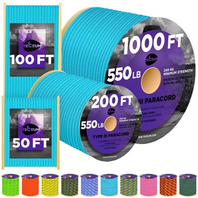 TECEUM Paracord Type III 550 Turquoise 1000 ft 4mm Tactical Rope MIL-SPEC Outdoor para Cord Camping Hiking Fishing Gear and Equipment EDC Parachute Cord Strong Survival Rope 150gd