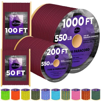 TECEUM Paracord Type III 550 Burgundi  50 ft  4mm  Tactical Rope MIL-SPEC  Outdoor para Cord Camping Hiking Fishing Gear and Equipment  EDC Parachute Cord  Strong Survival Rope 067gd