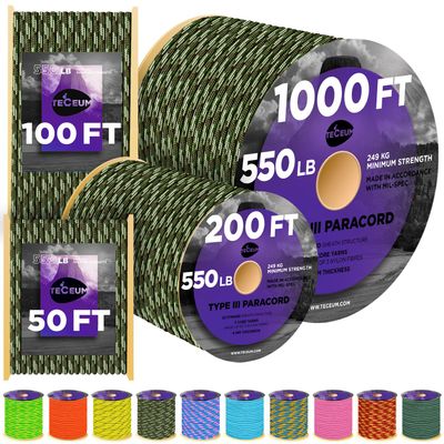 TECEUM Paracord Type III 550 Army Green Camo 200 ft 4mm Tactical Rope MIL-SPEC Outdoor para Cord Camping Hiking Fishing Gear and Equipment EDC Parachute Cord Strong Survival Rope 791b
