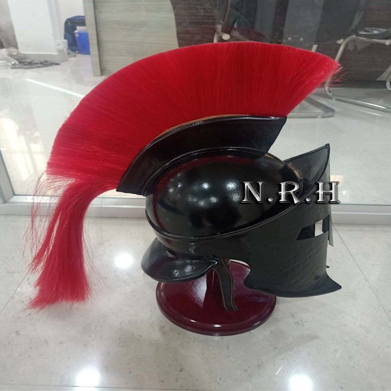 Medieval Black Spartan Helmet With Red Plume Cosplay Full-Size Metal With Wooden Stand | Clothing Movie Dresses w Inner Liner | Wearable Medieval Helmet Full Size Halloween Costume