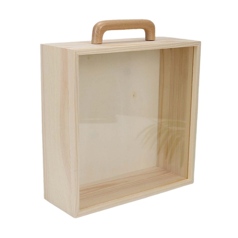 Wooden Box with Handle Jewelry Box Unpainted Wood Case with Sliding Lid Portable Wooden Gift Boxes Keepsake Trinket Box for Storage Wedding, Acrylic Lid Small