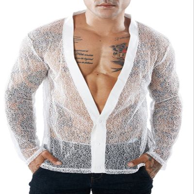 Men's Deep V Neck See Through Long Sleeve Mesh Tshirt Party Top Muscle Shirts Button Down Disco Club Top Hip Hop Rave Undershirts B White