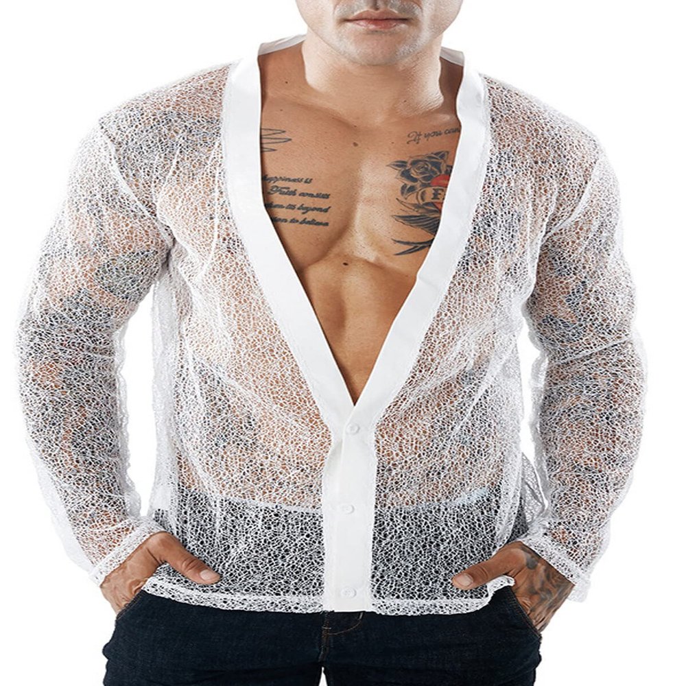 Men's Deep V Neck See Through Long Sleeve Mesh Tshirt Party Top Muscle Shirts Button Down Disco Club Top Hip Hop Rave Undershirts B White