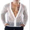 Men's Deep V Neck See Through Long Sleeve Mesh Tshirt Party Top Muscle Shirts Button Down Disco Club Top Hip Hop Rave Undershirts B White view 1