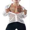 Men's Deep V Neck See Through Long Sleeve Mesh Tshirt Party Top Muscle Shirts Button Down Disco Club Top Hip Hop Rave Undershirts B White view 2