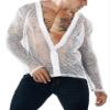 Men's Deep V Neck See Through Long Sleeve Mesh Tshirt Party Top Muscle Shirts Button Down Disco Club Top Hip Hop Rave Undershirts B White view 3