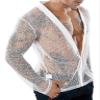 Men's Deep V Neck See Through Long Sleeve Mesh Tshirt Party Top Muscle Shirts Button Down Disco Club Top Hip Hop Rave Undershirts B White view 4