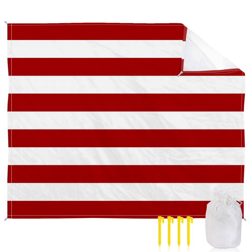 BABE MAPS Beach Blanket Sandproof, Red and White Stripe Waterproof Beach Mat Lightweight Quick Drying Picnic Blanket Beach Essentials for Travel Camping Hiking 118x108in