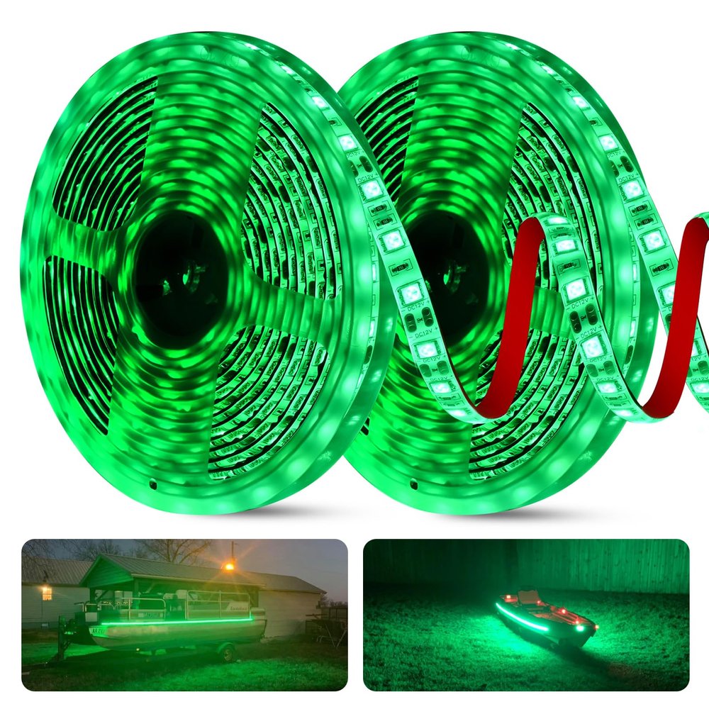 JUIOHAKY 50ft LED Strip Lights for Night Fishing, Marine 12V Waterproof Interior Deck Lights for Pontoon, Kayak, Jon, Bass, Fishing Boat (Green)