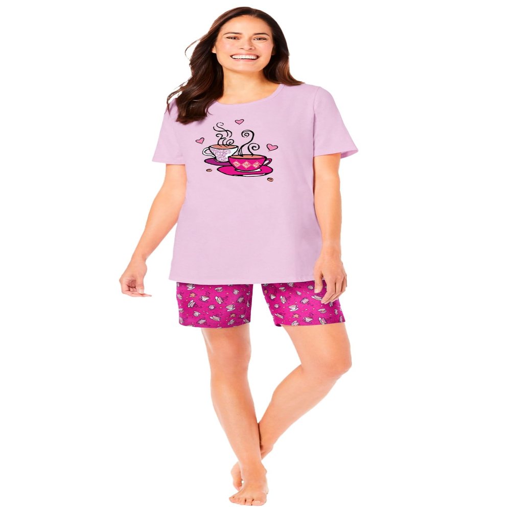 Dreams & Co. Plus Size Knit Pj Short Set - L, Pink Tea Cup