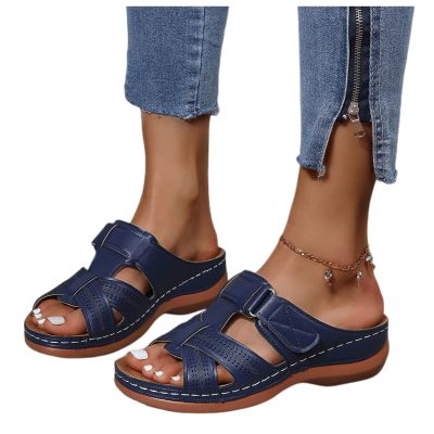 Slip On Shoes Women Casual Wide Women's Comfy Platform Wedge Hook&Loop Adjustable Strappy Flower Black Sandals -Rhinestone Rivets Ladies Indoors Or Outdoors Comfortable Brown Slides For Women