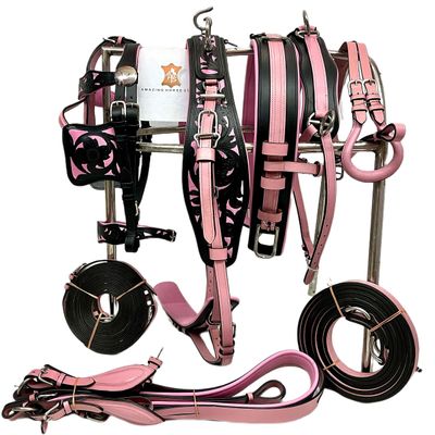 AMAZING HORSE STUFF Designer Black & Pink Leather Carved Driving Harness for Single Horse Cart | Fitted with Stainless Steel Fittings and Buckles | Full, Cob, Pony, Shetland & Mini | (Cob)