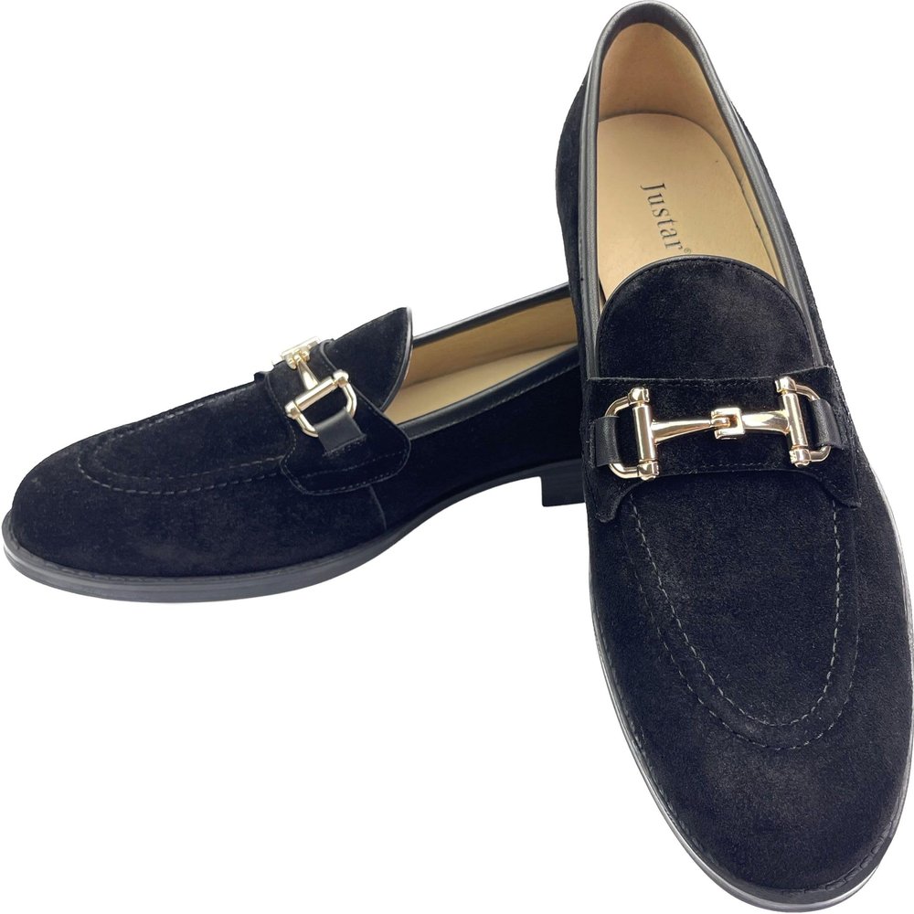Justar Men's Leather Loafers Penny Dress Shoes Slip-On Vintage Loafer for Men Casual Loafers Suede Smoking Slippers Buckle Flats (Black, 11)
