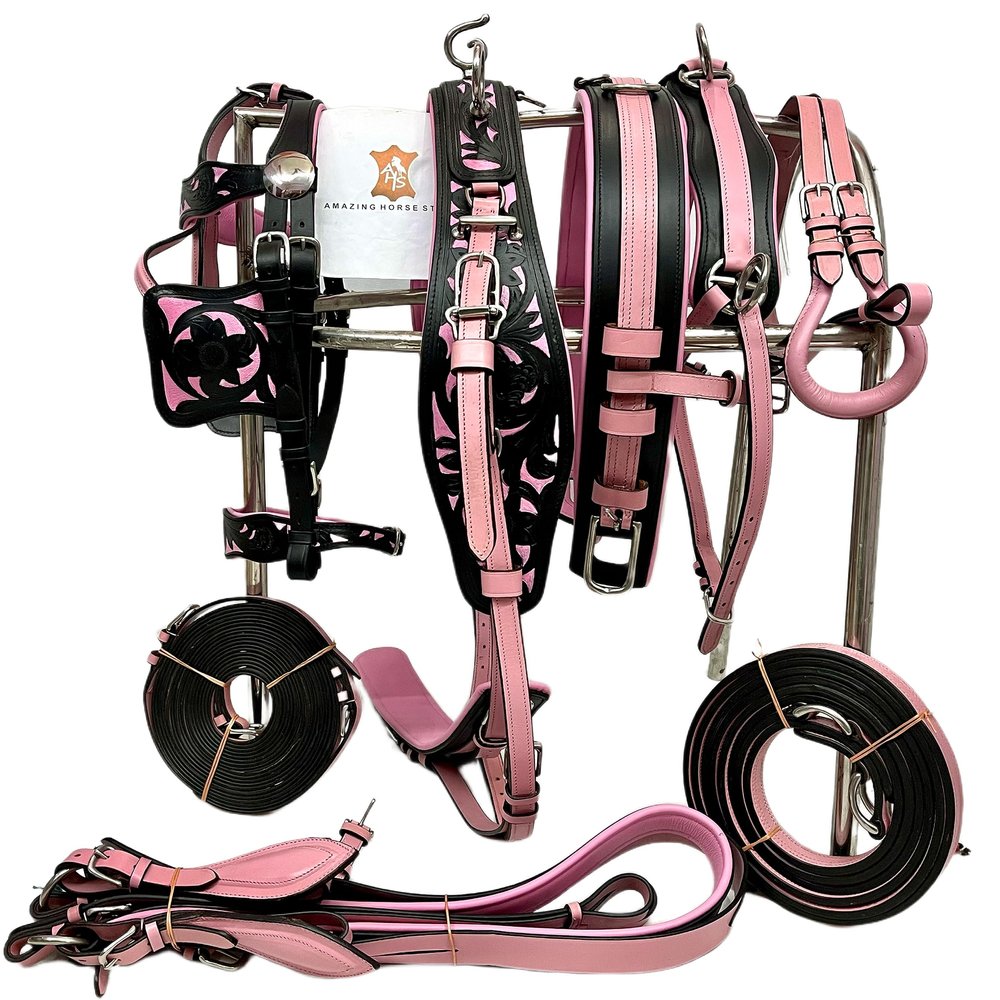 AMAZING HORSE STUFF Designer Black & Pink Leather Carved Driving Harness for Single Horse Cart | Fitted with Stainless Steel Fittings and Buckles | Full, Cob, Pony, Shetland & Mini | (Full)