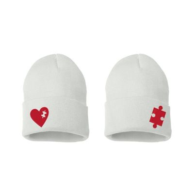 ALLNTRENDS Puzzle Heart Piece 2 Pcs Embroidered Beanie for Couples (White)