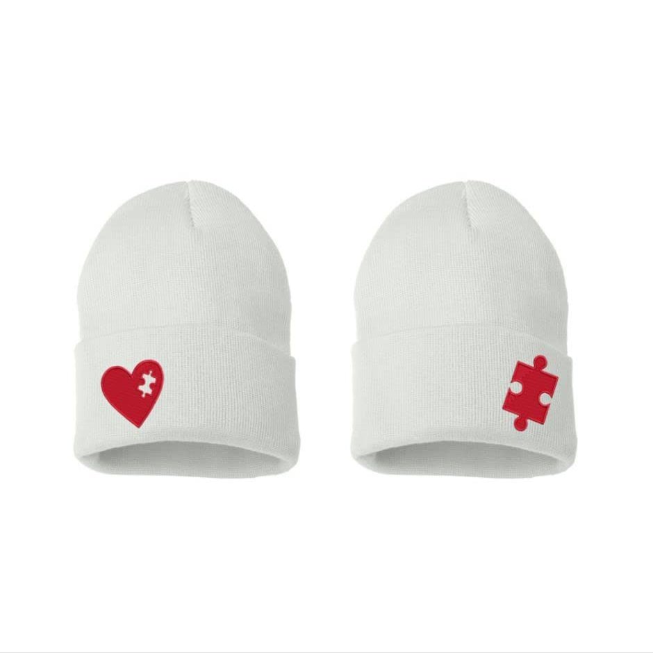 ALLNTRENDS Puzzle Heart Piece 2 Pcs Embroidered Beanie for Couples (White)