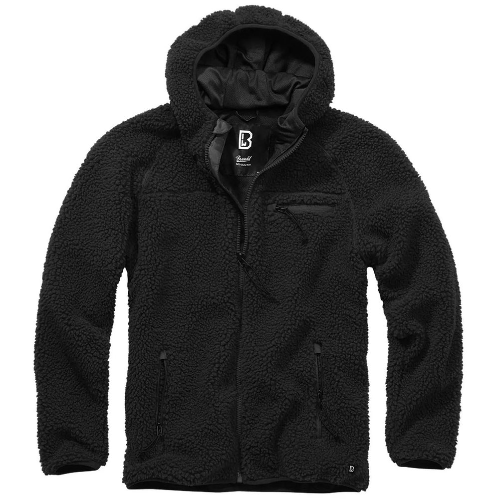 Brandit Individual Wear Men's Hooded Teddy Fleece Cold-Weather Outdoor Full Zip Jacket w/Chin Guard & Wind Protection Strip, Black, Medium