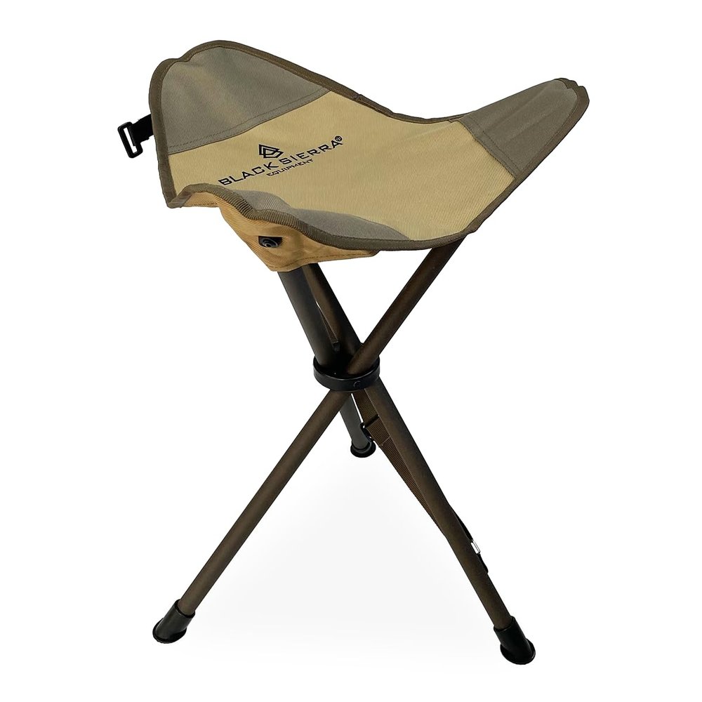 Black Sierra Folding Hunting Stool w/Shoulder Strap Supports 225 lbs, Lightweight Collapsible Tripod Seat, Foldable Steel Frame Chair Perfect for Hunting Blind, Fishing, Hiking, Travel