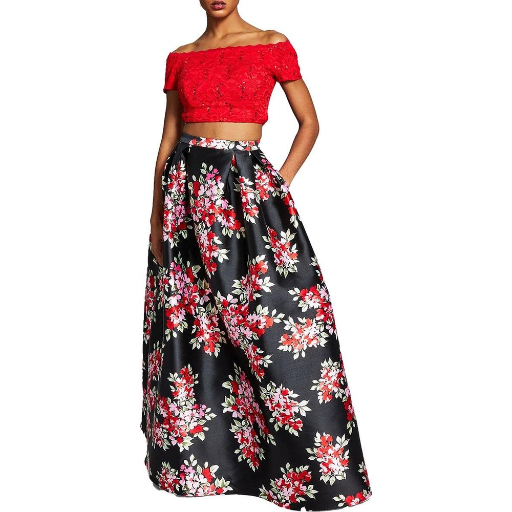 B Darlin Womens Black Sequined Lace Cropped Top Zippered Lined Floral Short Sleeve Off Shoulder Full-Length Party Gown Dress 1
