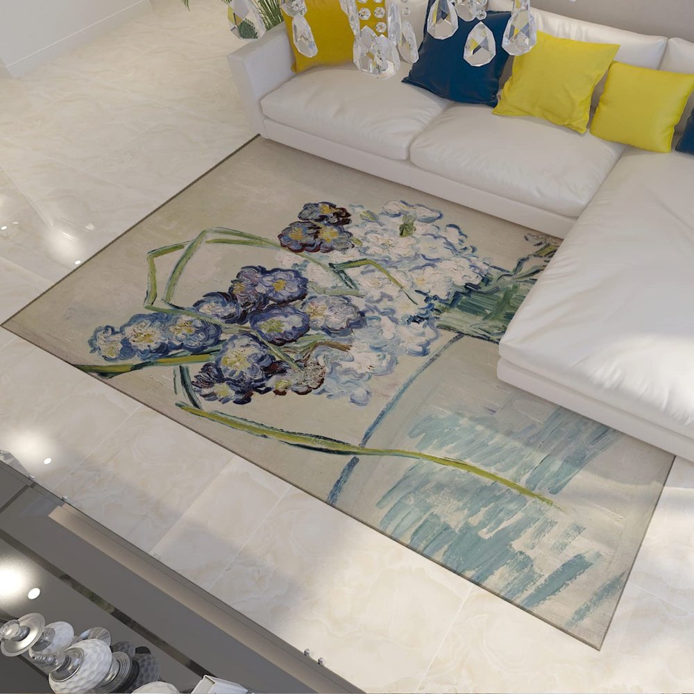 Blue and White Flowers Area Rug for Living Dinning Room Transparent Glass Vase Rugs with Rubber Backing Floor Mats Home Office Carpet 6'x10'