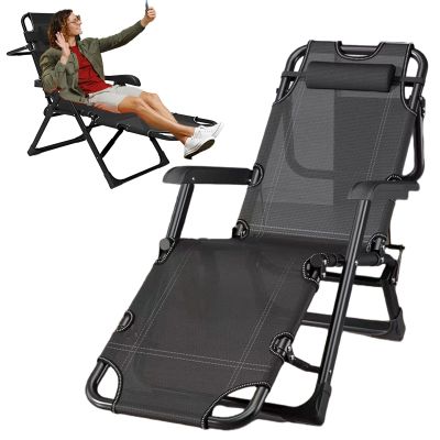 Plerile Sleeping Cot Chair for Adults, 5-Position Folding Chaise Lounge Chair W/Pillows and Oversized Padded, Sleeping Cot Chair for Beach Lawn Camping and Poolside Comfort (Color : Black)