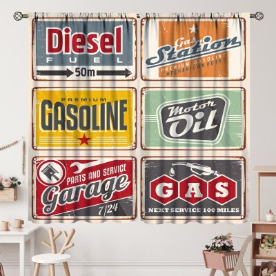 1950s Blackout Window Curtains, Vintage Car Signs Automobile Advertising Repair Vehicle Garage Classics Servicing, Thermal Insulated Rod Pocket Curtains for Bedroom Living Room Decor 63x72in