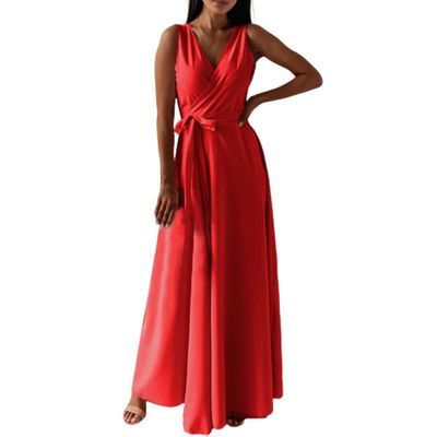 Women's Summer Casual Sleeveless High Waist Long Dress Boho Dress Evening Dress Half Half Dress (Red, S)