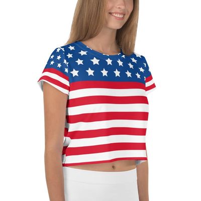4th of July Independence Day Crop Tee, Womens American Flag T-Shirt, USA Flag Patriotic Shirt