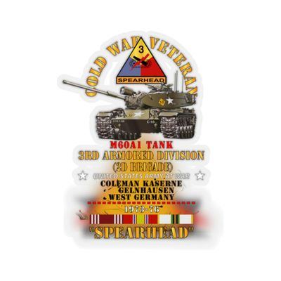 Kiss-Cut Stickers - Army - Cold War Vet - 3rd Armored Division - Gelnhausen, Germany - M60A1 Tank - Spearhead w Fire - 1973-76 Cold X 300 (6"x6", Transparent)