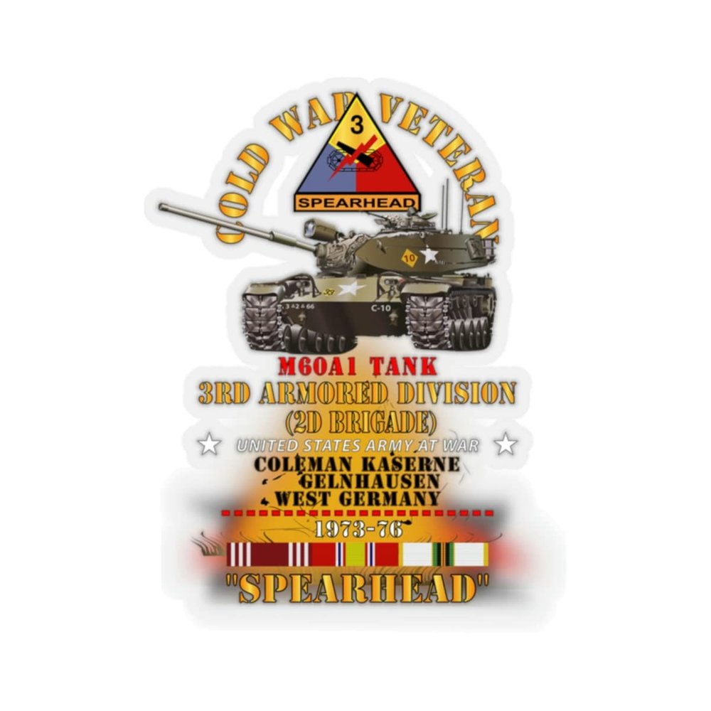 Kiss-Cut Stickers - Army - Cold War Vet - 3rd Armored Division - Gelnhausen, Germany - M60A1 Tank - Spearhead w Fire - 1973-76 Cold X 300 (6"x6", Transparent)