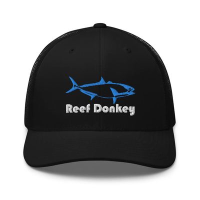 Amberjack Saltwater Fish Game Fishing Reef Donkey Embroidered Trucker Cap Snapback Hat Black