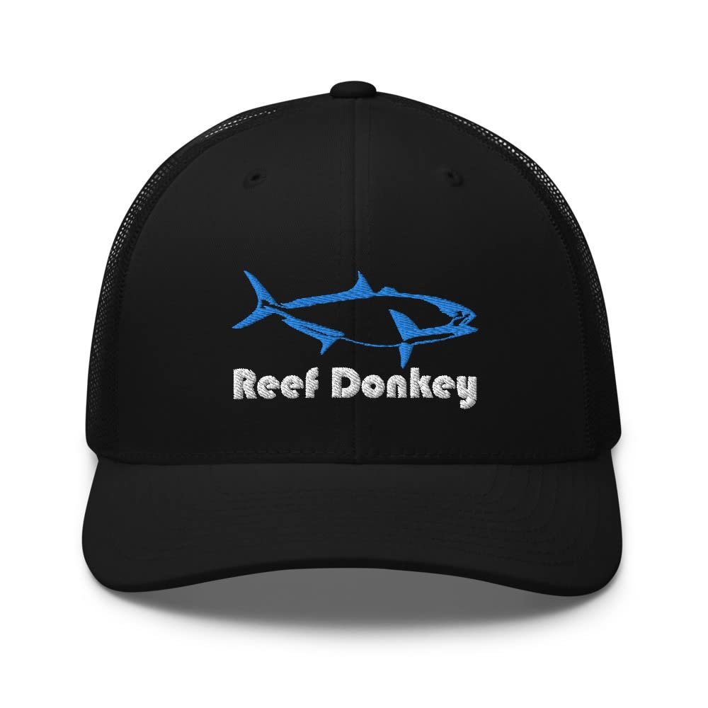 Amberjack Saltwater Fish Game Fishing Reef Donkey Embroidered Trucker Cap Snapback Hat Black