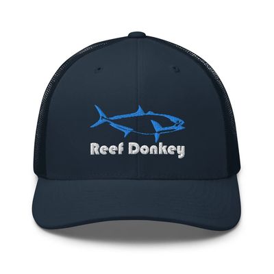 Amberjack Saltwater Fish Game Fishing Reef Donkey Embroidered Trucker Cap Snapback Hat Navy
