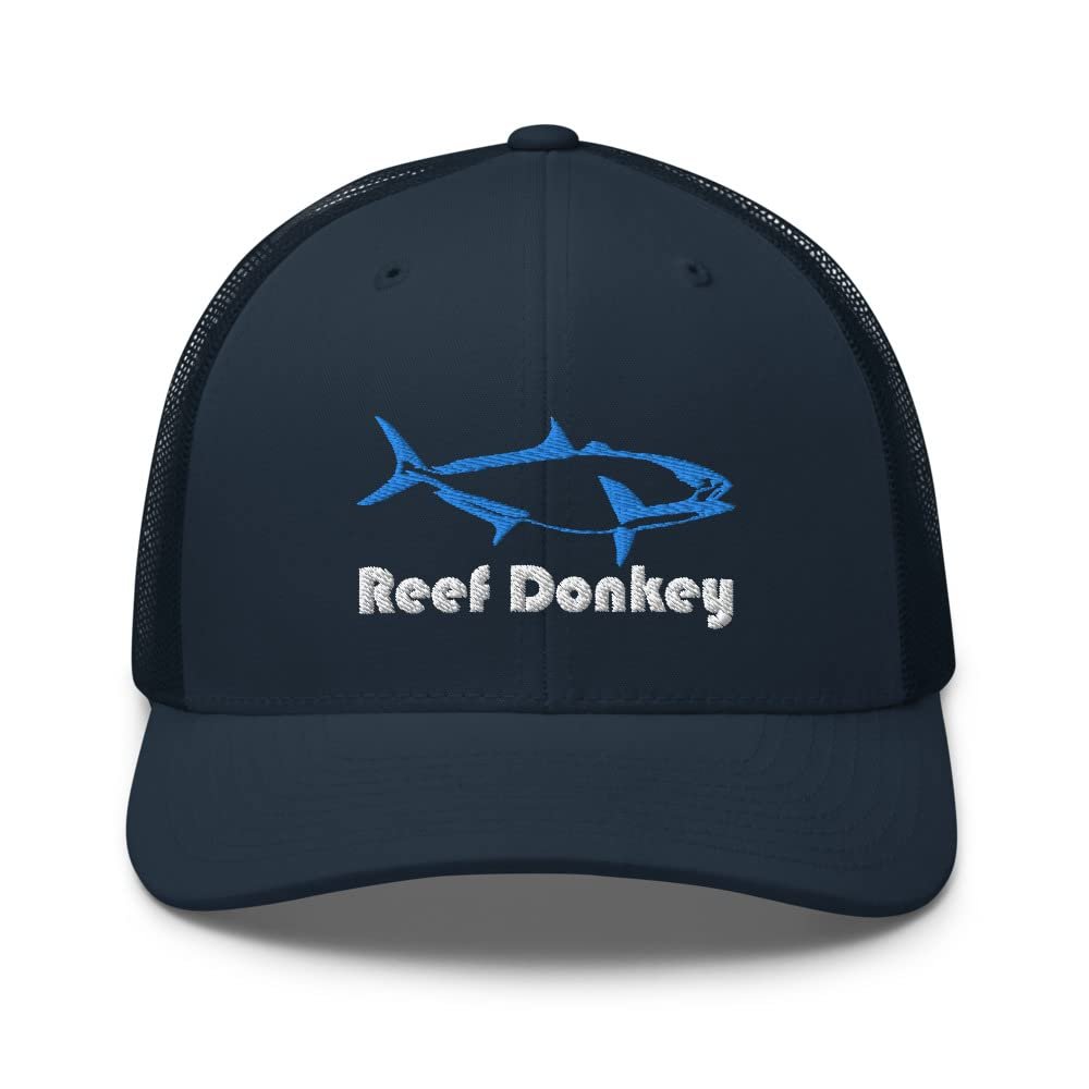 Amberjack Saltwater Fish Game Fishing Reef Donkey Embroidered Trucker Cap Snapback Hat Navy