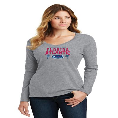 CornBorn Womens Florida Atlantic Owls Tee Shirt - Long Sleeve FAU Logo Winning in Paradise - Gray - Small