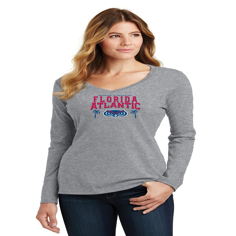 CornBorn Womens Florida Atlantic Owls Tee Shirt - Long Sleeve FAU Logo Winning in Paradise - Gray - Small