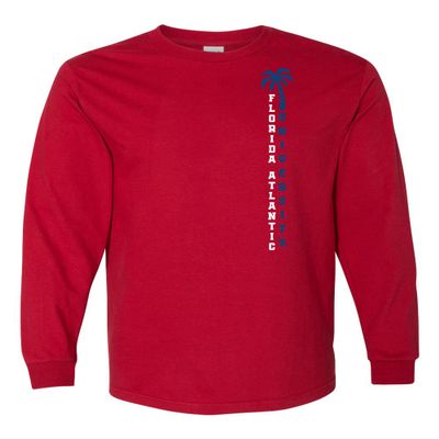 CornBorn Florida Atlantic Owls Mens Shirt - Long Sleeve FAU Vertical Palm Tree - Red - 2X