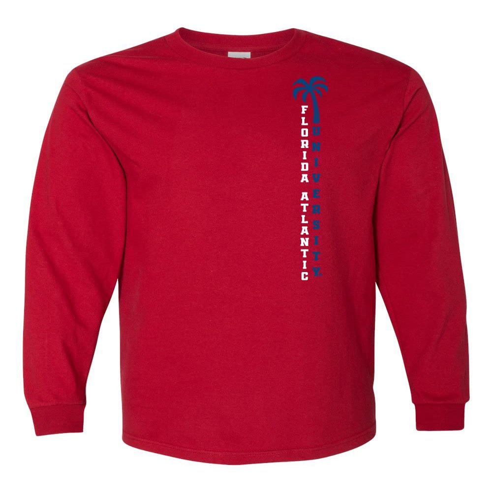 CornBorn Florida Atlantic Owls Mens Shirt - Long Sleeve FAU Vertical Palm Tree - Red - 2X