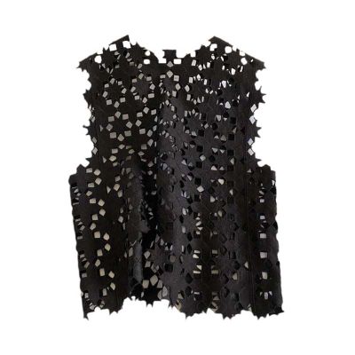 JXQXHCFS Women Cotton Crochet Lace Tops Pattern Sleeveless Openwork Casual Loose Vest French Style Pointelle Knit Tops STYLE3 BLACK One Size