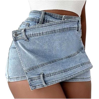 Uillui Denim Shorts Women Trendy Irregular Wrap Slimming Mini Short Jeans High Waist Button Denim Culottes with Shorts Skirt