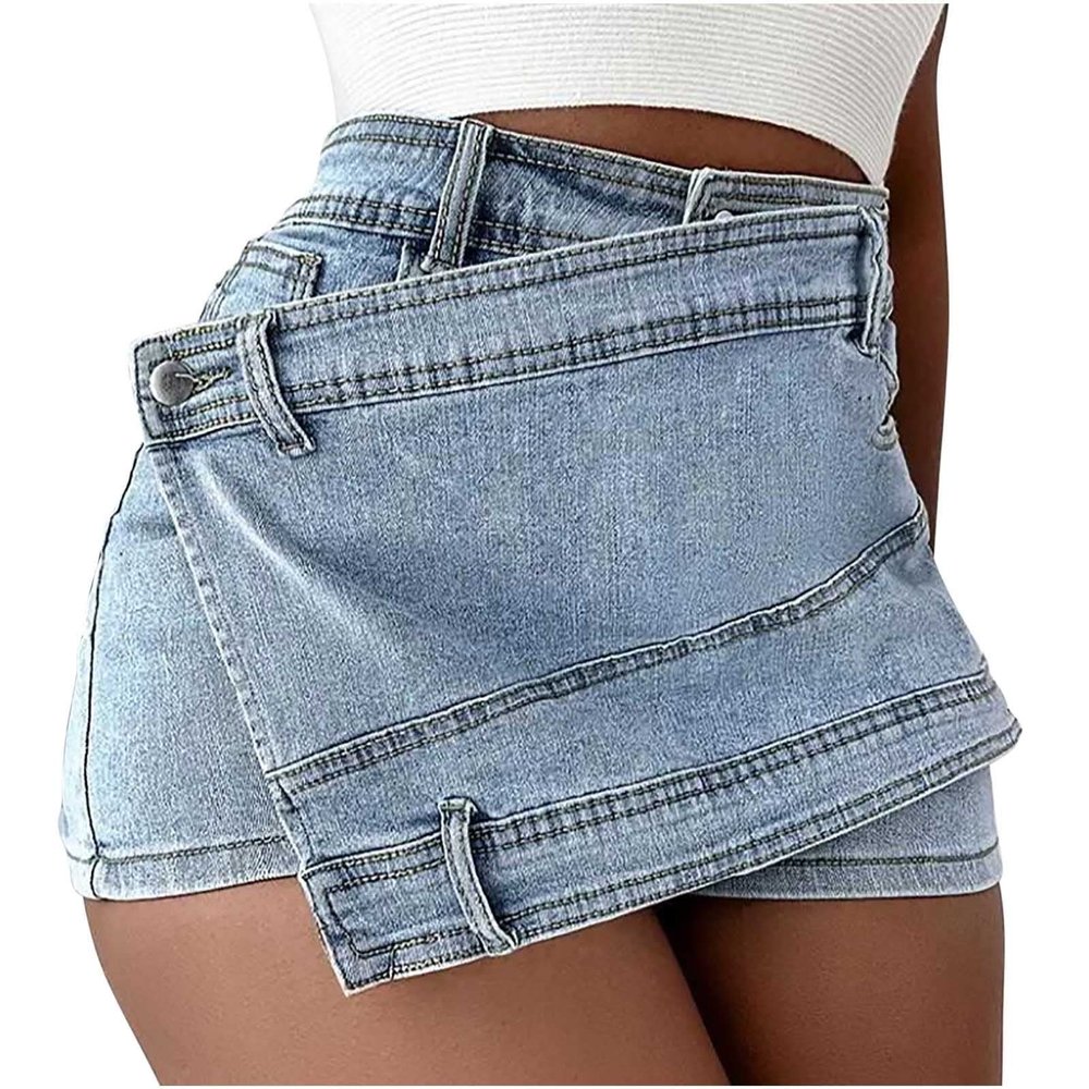 Uillui Denim Shorts Women Trendy Irregular Wrap Slimming Mini Short Jeans High Waist Button Denim Culottes with Shorts Skirt