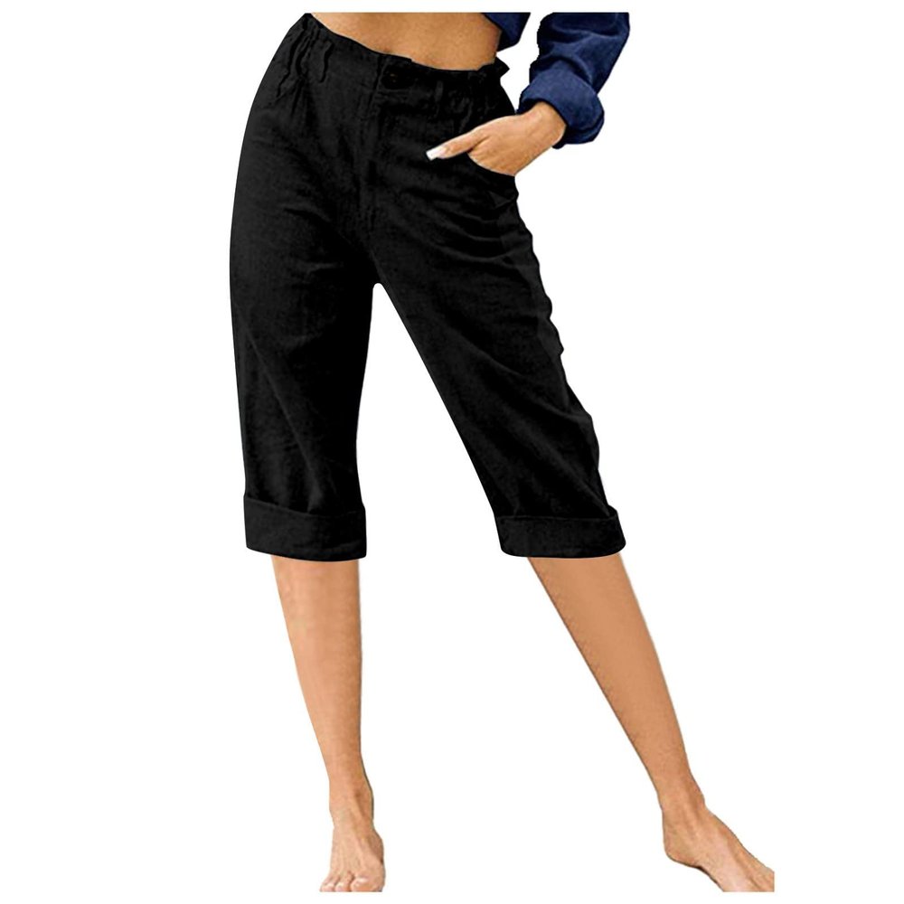 Uillui Women's Lounge Pants Loose Fit High Waist Straight Pants Summer Comfy Cotton Linen Slacks Folded Hem Cropped Trousers Black