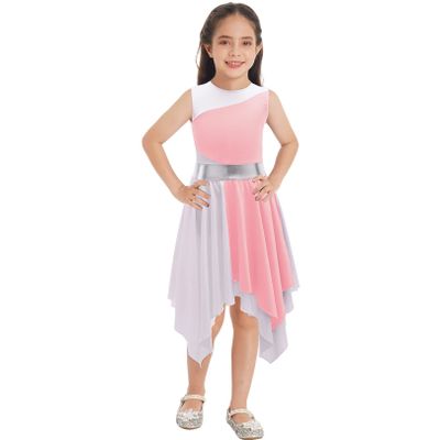 FEESHOW Girls Kids Shiny Sleeveless Asymmetrical Lyrical Dance Dress Ballerina Ballet Dancewear Performance Costumes Light Pink 16 Years