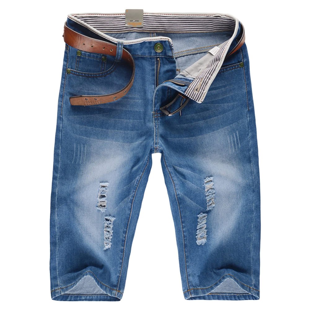 Men's Ripped Summer Denim Shorts Straight Fit Stretch Classic Jean Shorts Slim Washed Short Pants with Hole (Light Blue,31)