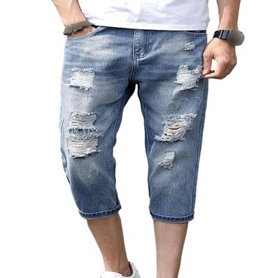 Men's Slim Fit Classic Leisure Jeans Washed Straight Mid Waist Jeans Distressed Holes Denim Pants Blue (Blue,30)